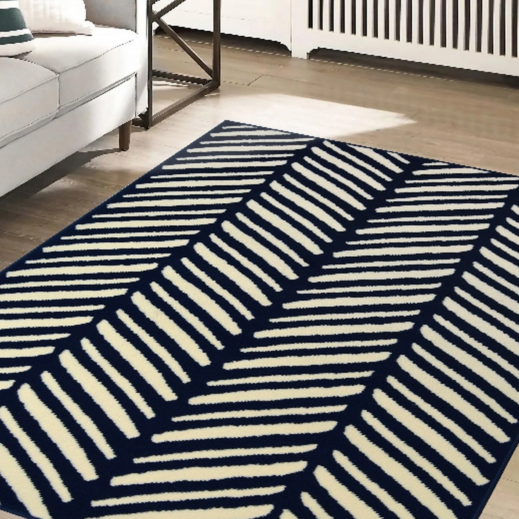 Maestro Herringbone Stripe Modern Rugs In Navy Blue